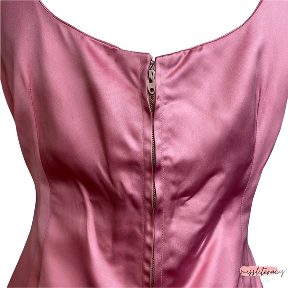 Vintage 1960’s Handsewn Homemade Pink Plunge Satin Sleeveless Midi Dress [Sz 12] - Picture 11 of 16